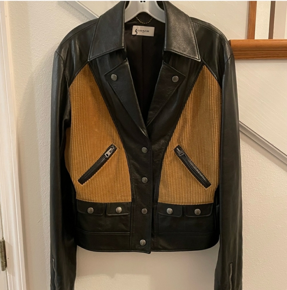 Coach leather bomber / trucker jacket with corduroy cutouts runway item